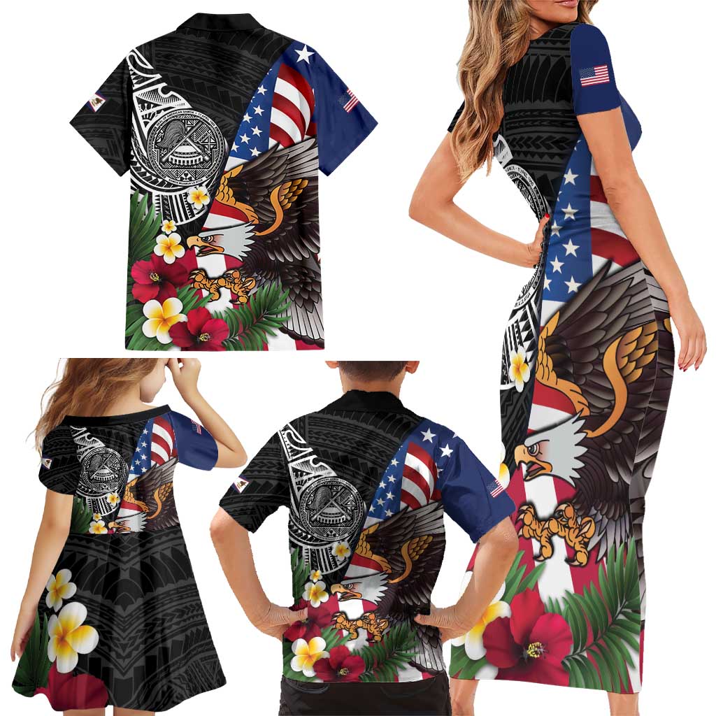 United States and American Samoa Family Matching Short Sleeve Bodycon Dress and Hawaiian Shirt USA Flag Eagle With Seal Tropical Flowers LT14 - Polynesian Pride