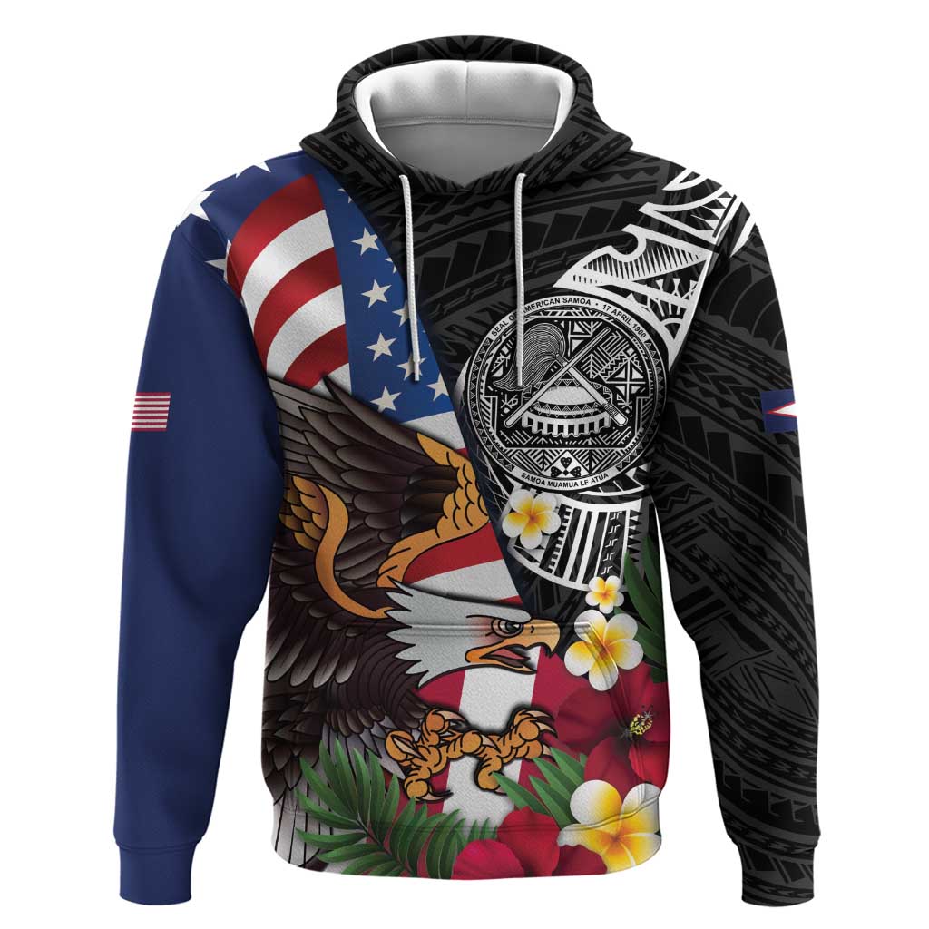 United States and American Samoa Hoodie USA Flag Eagle With Seal Tropical Flowers LT14 Pullover Hoodie Black - Polynesian Pride