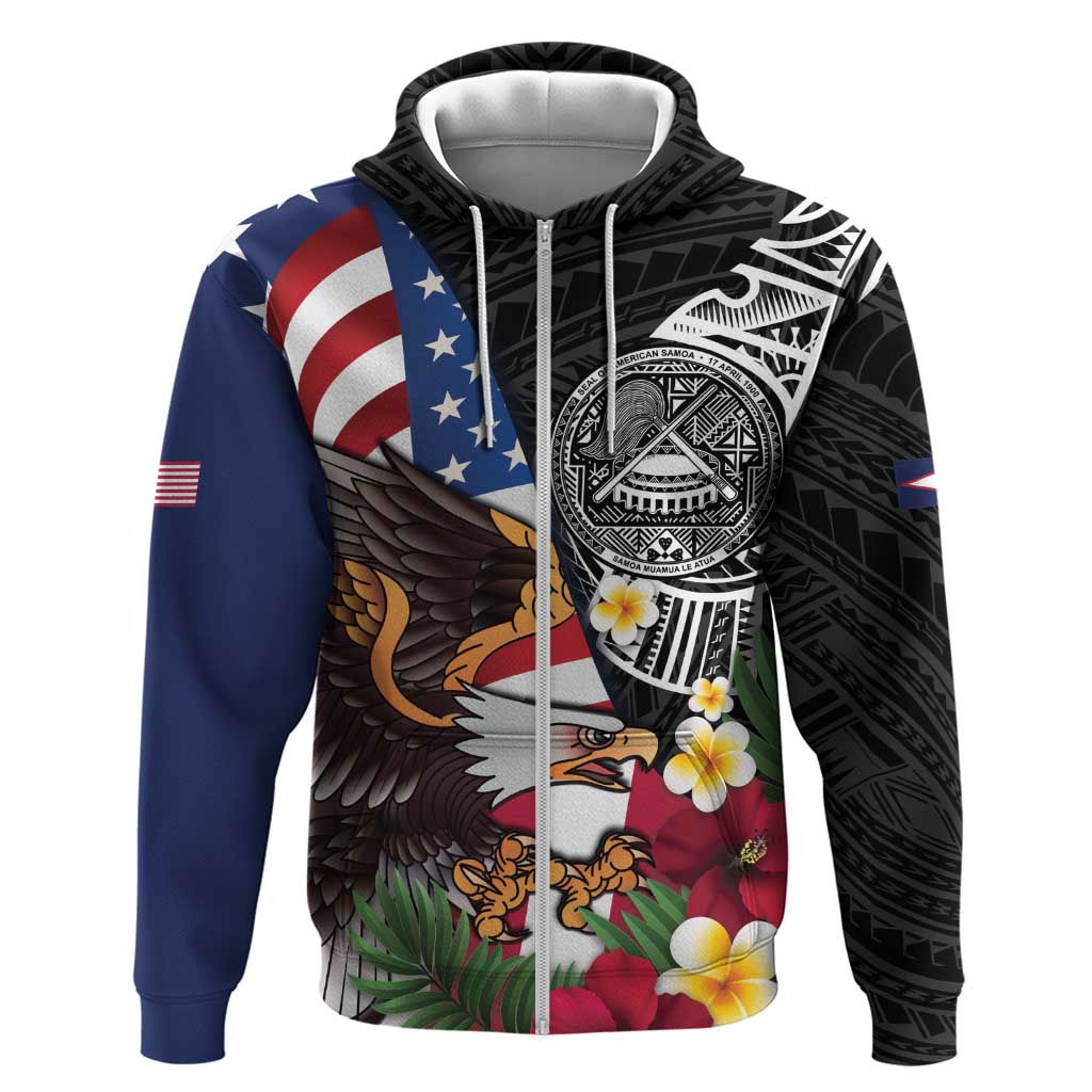 United States and American Samoa Hoodie USA Flag Eagle With Seal Tropical Flowers LT14 Zip Hoodie Black - Polynesian Pride
