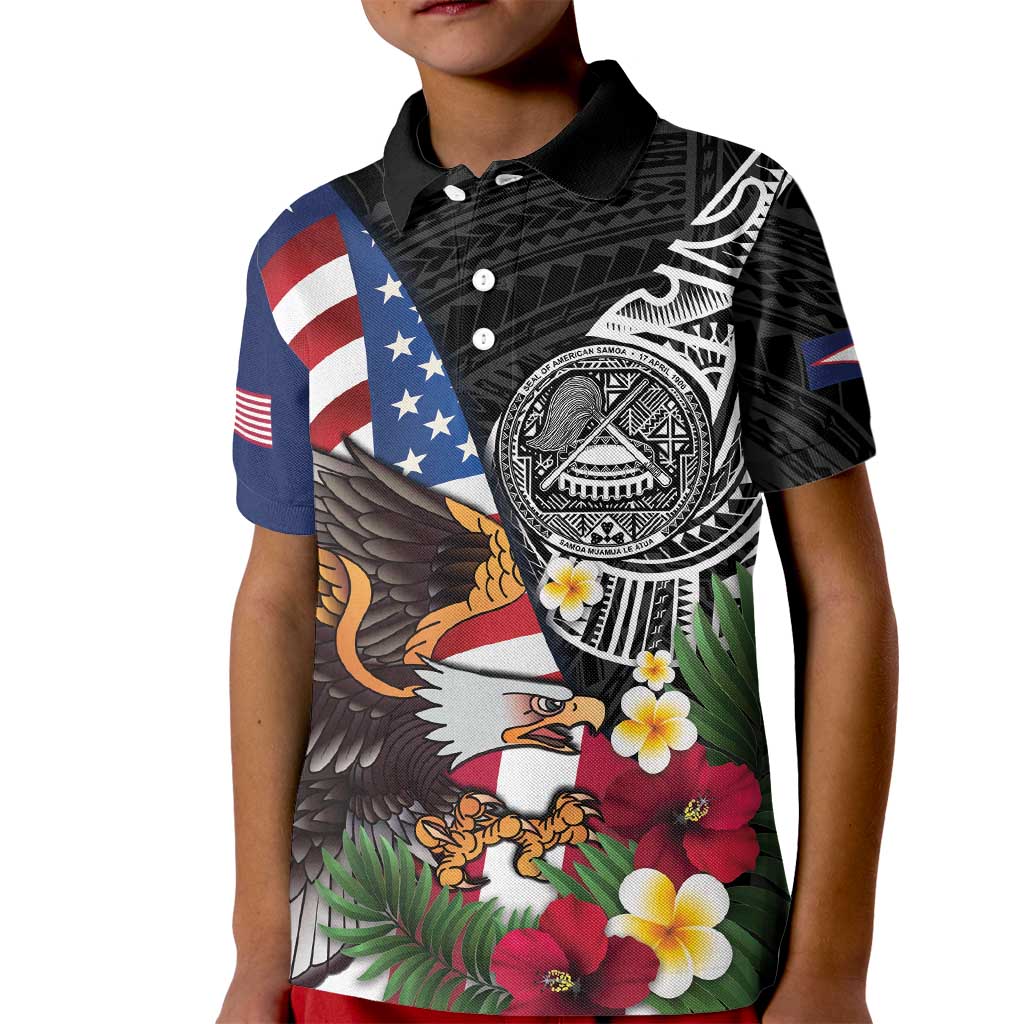 United States and American Samoa Kid Polo Shirt USA Flag Eagle With Seal Tropical Flowers