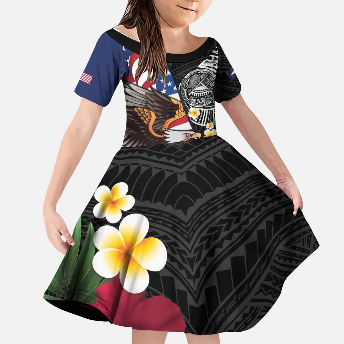 United States and American Samoa Kid Short Sleeve Dress USA Flag Eagle With Seal Tropical Flowers LT14 KID Black - Polynesian Pride