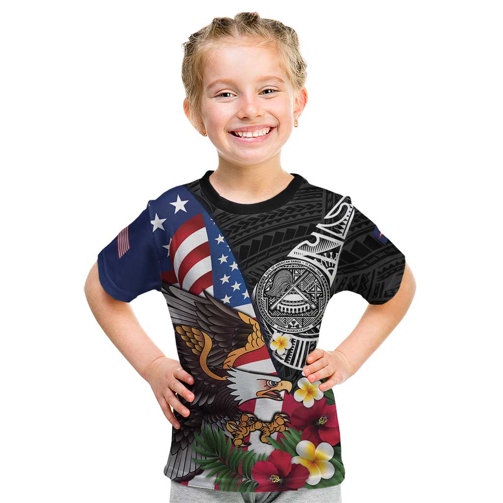 United States and American Samoa Kid T Shirt USA Flag Eagle With Seal Tropical Flowers LT14 Black - Polynesian Pride
