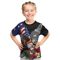 United States and American Samoa Kid T Shirt USA Flag Eagle With Seal Tropical Flowers LT14 Black - Polynesian Pride