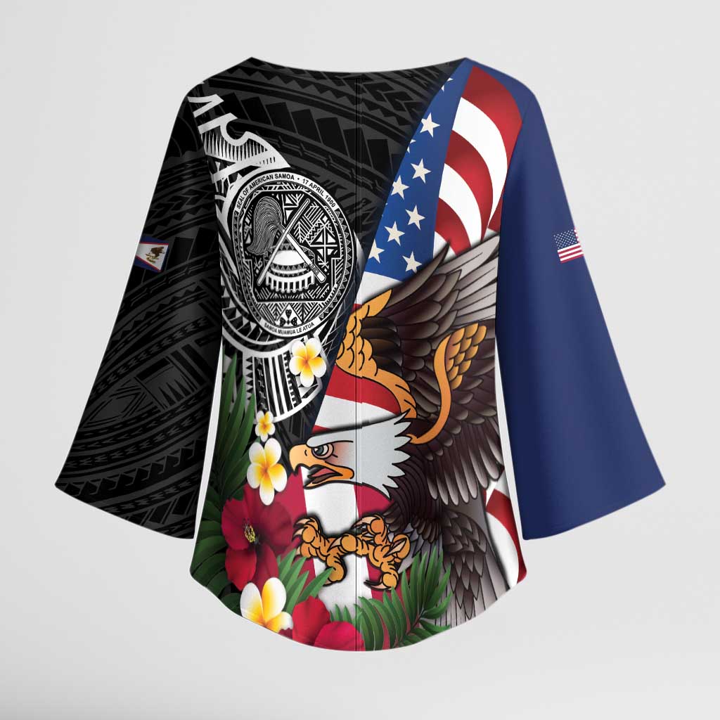 United States and American Samoa Kimono Sleeve Blouse USA Flag Eagle With Seal Tropical Flowers