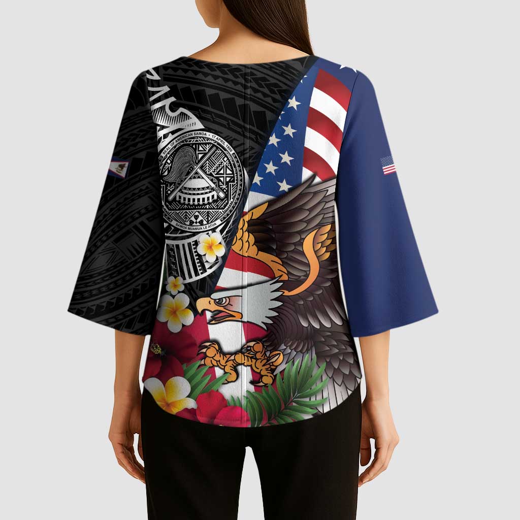 United States and American Samoa Kimono Sleeve Blouse USA Flag Eagle With Seal Tropical Flowers