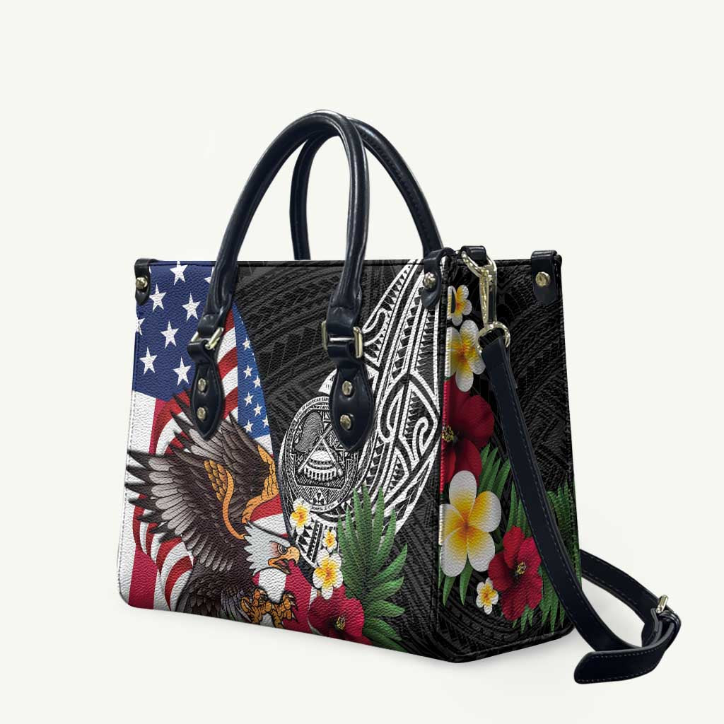 United States and American Samoa Leather Bag USA Flag Eagle With Seal Tropical Flowers LT14 Black - Polynesian Pride