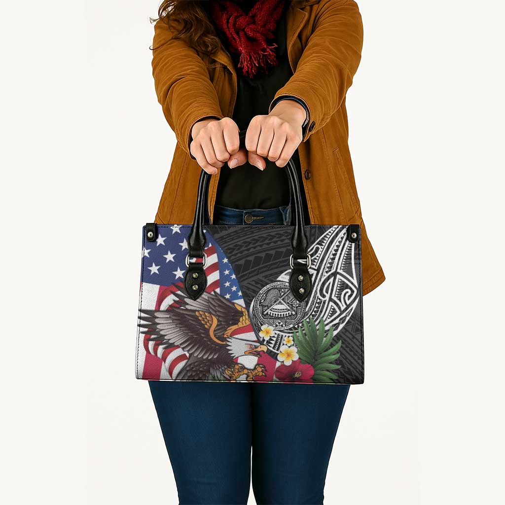United States and American Samoa Leather Bag USA Flag Eagle With Seal Tropical Flowers LT14 - Polynesian Pride