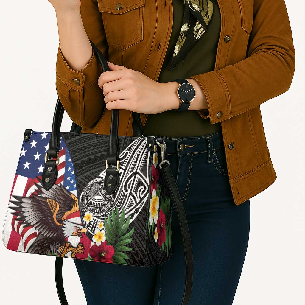 United States and American Samoa Leather Bag USA Flag Eagle With Seal Tropical Flowers LT14 - Polynesian Pride