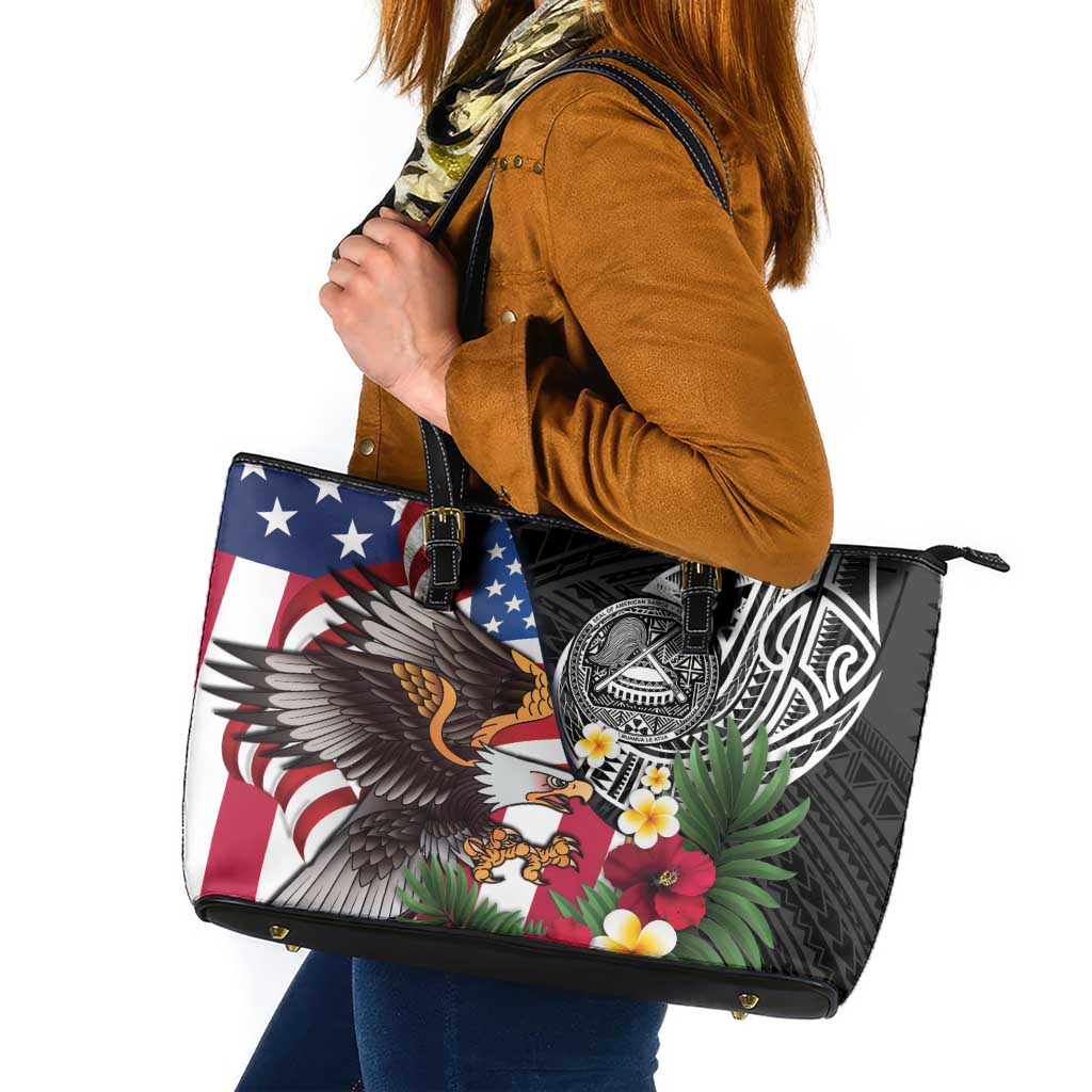 United States and American Samoa Leather Tote Bag USA Flag Eagle With Seal Tropical Flowers