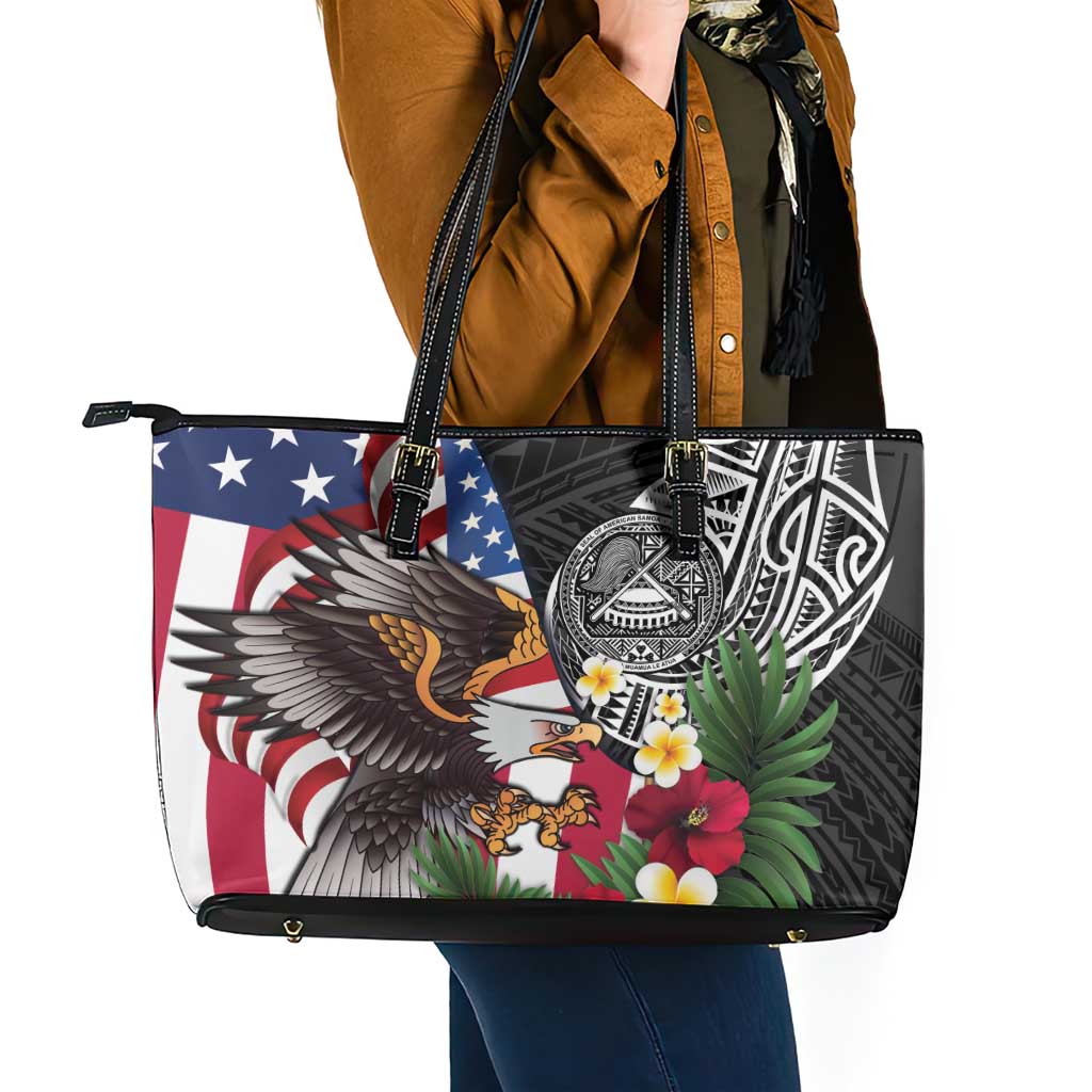 United States and American Samoa Leather Tote Bag USA Flag Eagle With Seal Tropical Flowers