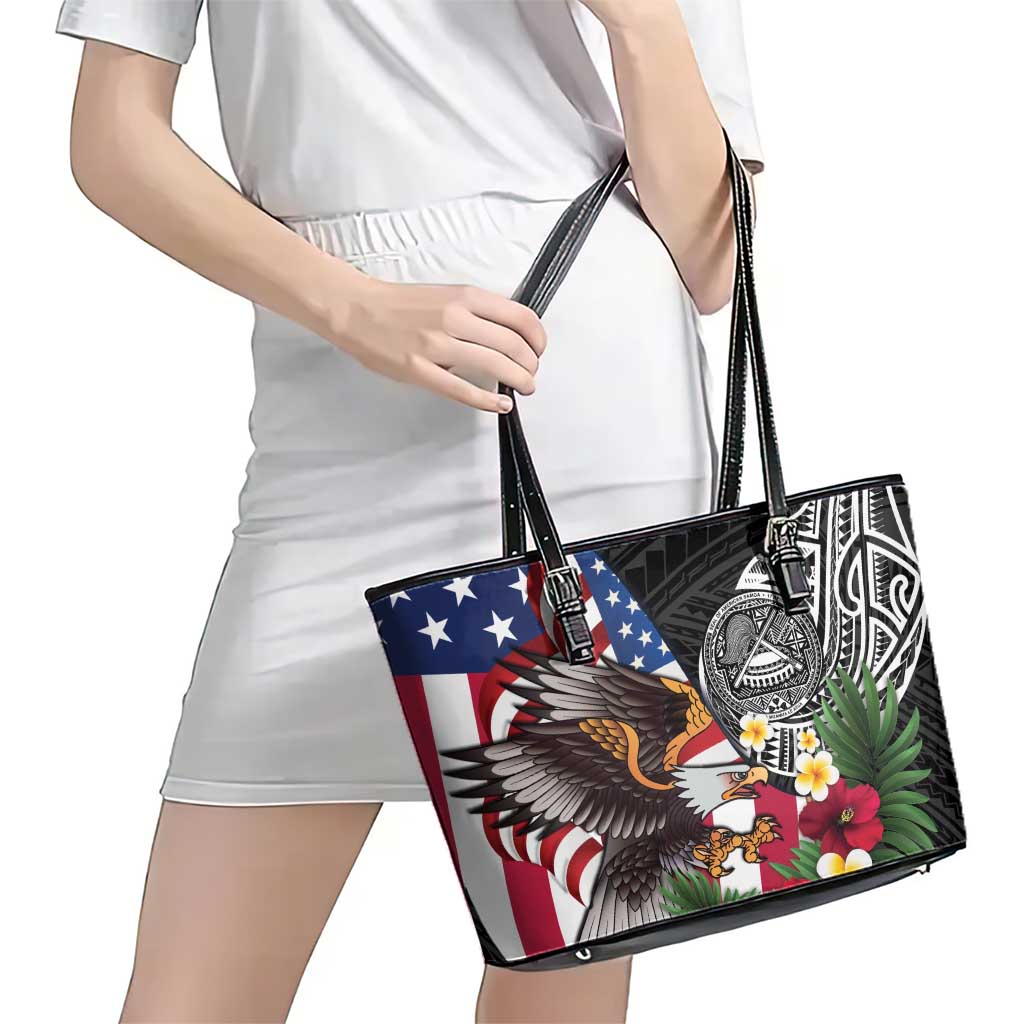 United States and American Samoa Leather Tote Bag USA Flag Eagle With Seal Tropical Flowers