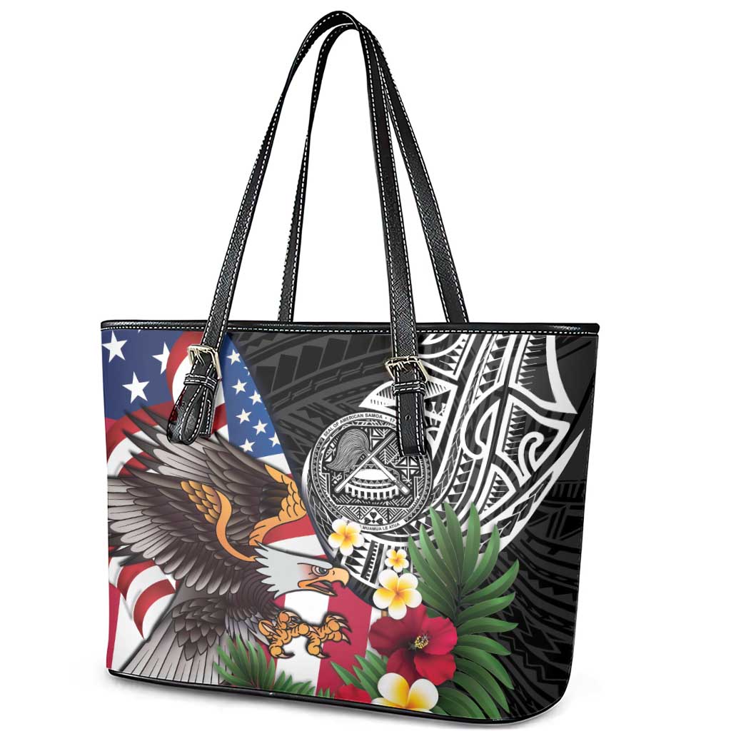 United States and American Samoa Leather Tote Bag USA Flag Eagle With Seal Tropical Flowers