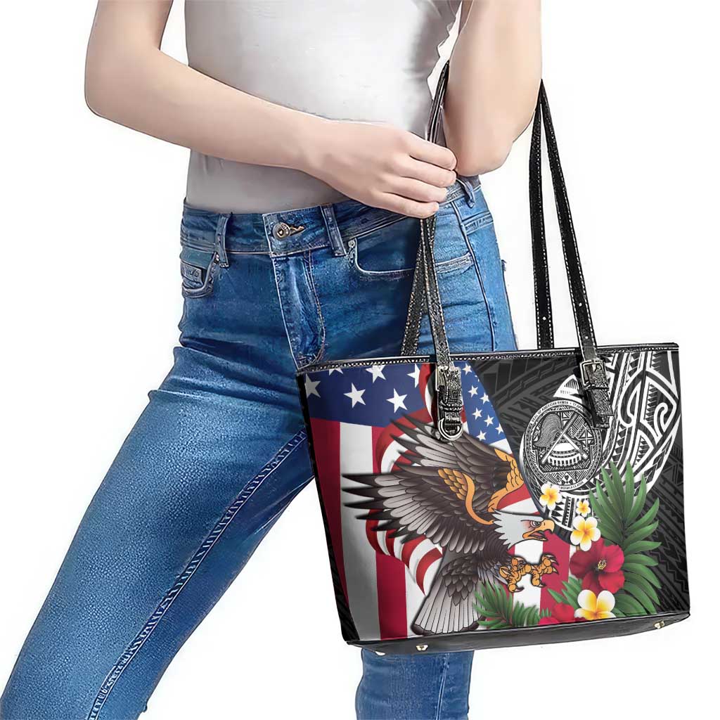 United States and American Samoa Leather Tote Bag USA Flag Eagle With Seal Tropical Flowers