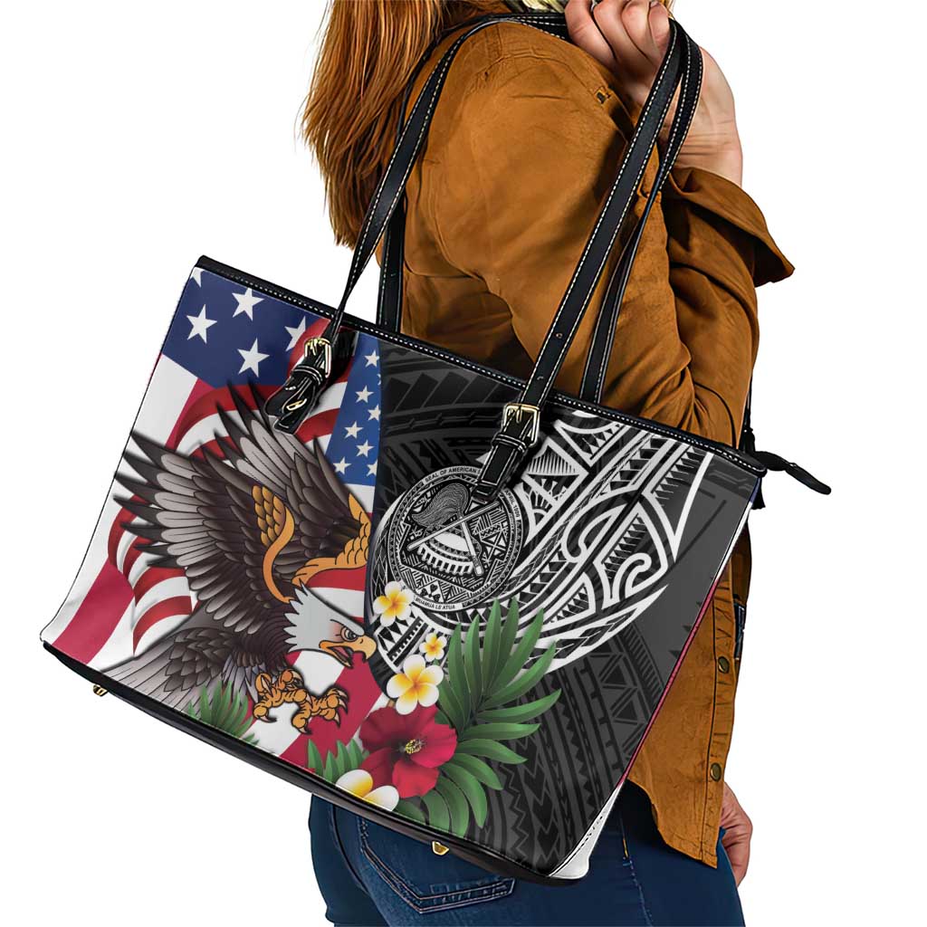 United States and American Samoa Leather Tote Bag USA Flag Eagle With Seal Tropical Flowers
