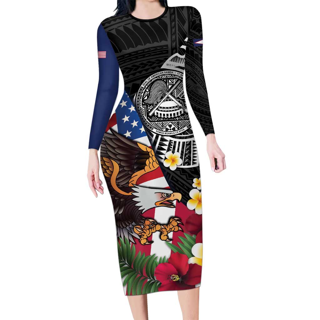 United States and American Samoa Long Sleeve Bodycon Dress USA Flag Eagle With Seal Tropical Flowers LT14 Long Dress Black - Polynesian Pride