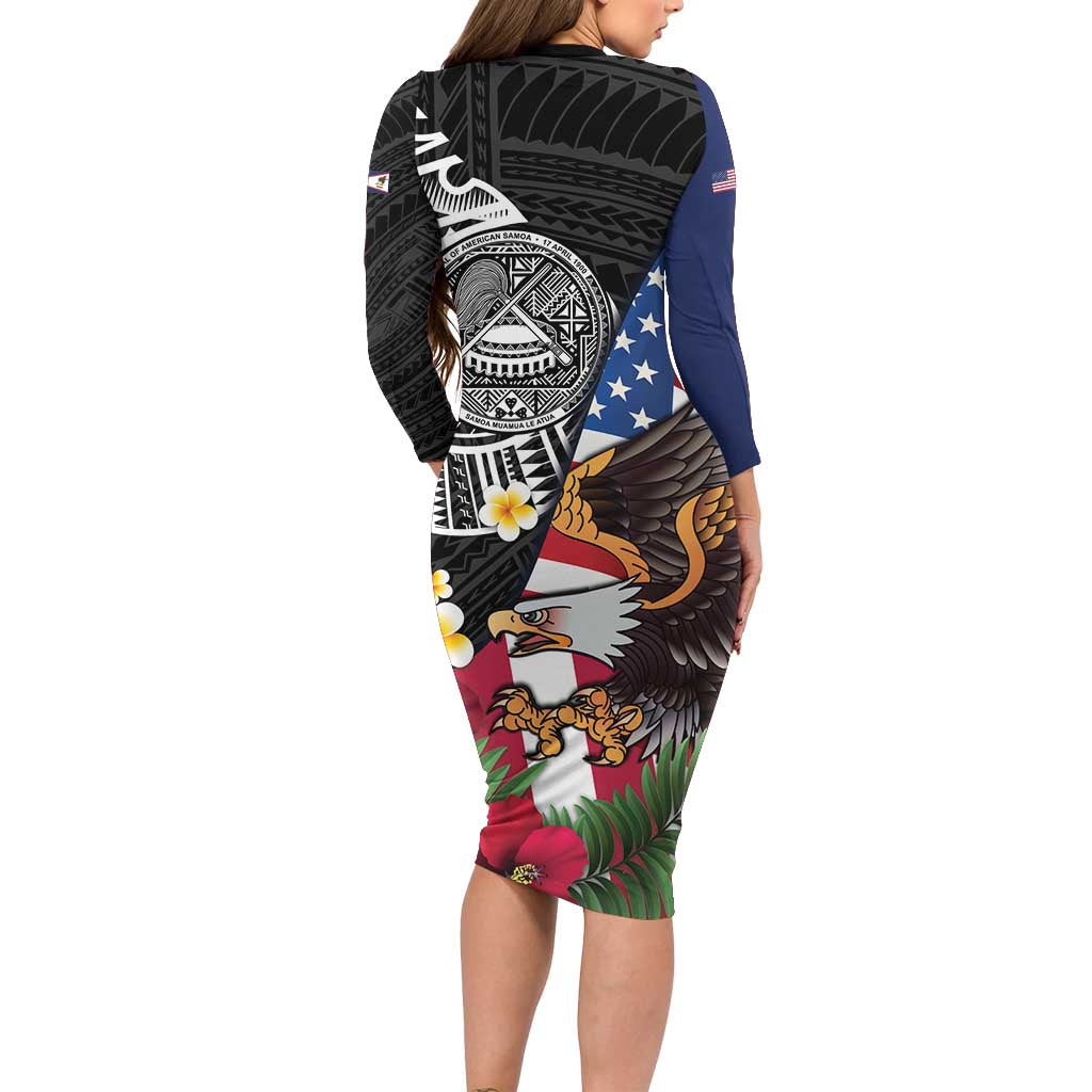 United States and American Samoa Long Sleeve Bodycon Dress USA Flag Eagle With Seal Tropical Flowers LT14 - Polynesian Pride