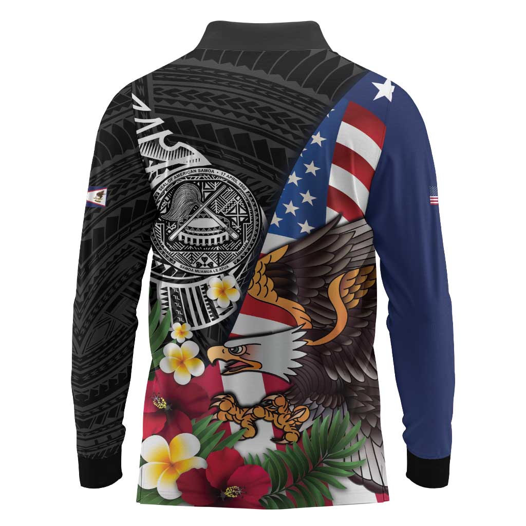 United States and American Samoa Long Sleeve Polo Shirt USA Flag Eagle With Seal Tropical Flowers LT14 - Polynesian Pride