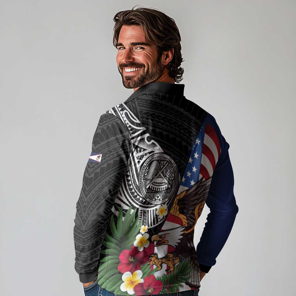 United States and American Samoa Long Sleeve Polo Shirt USA Flag Eagle With Seal Tropical Flowers LT14 - Polynesian Pride
