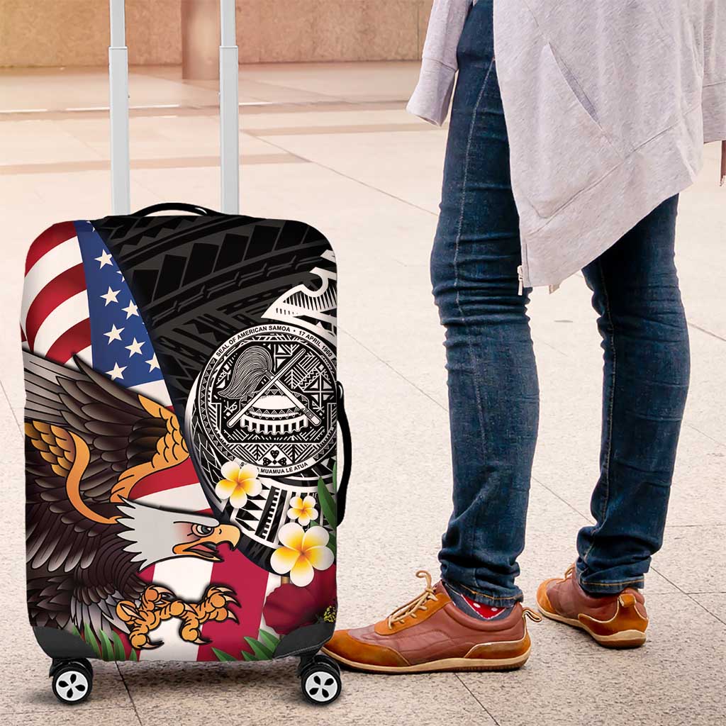 United States and American Samoa Luggage Cover USA Flag Eagle With Seal Tropical Flowers LT14 Black - Polynesian Pride