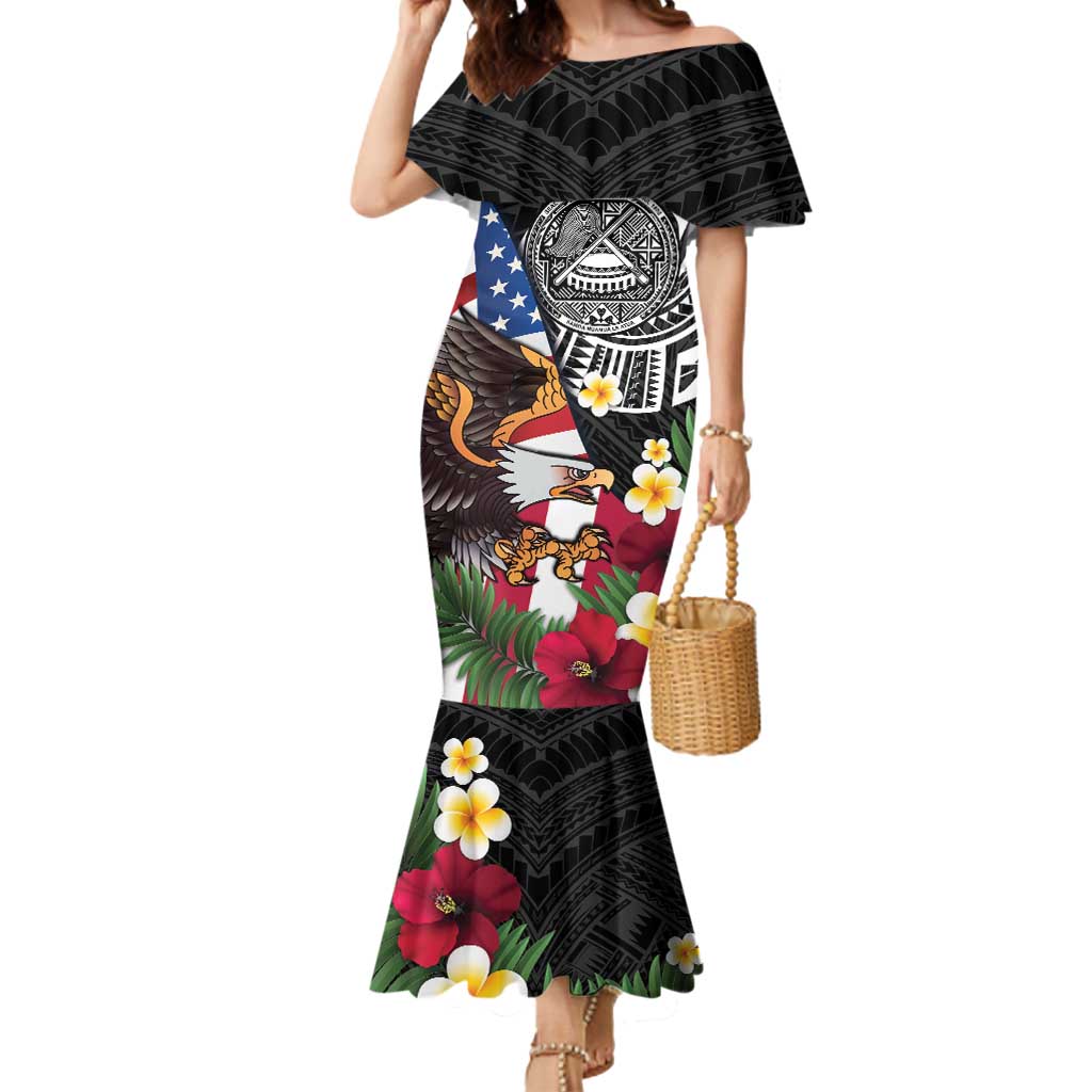 United States and American Samoa Mermaid Dress USA Flag Eagle With Seal Tropical Flowers LT14 Women Black - Polynesian Pride