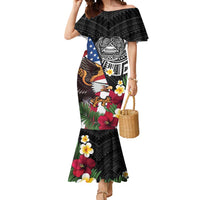 United States and American Samoa Mermaid Dress USA Flag Eagle With Seal Tropical Flowers LT14 Women Black - Polynesian Pride