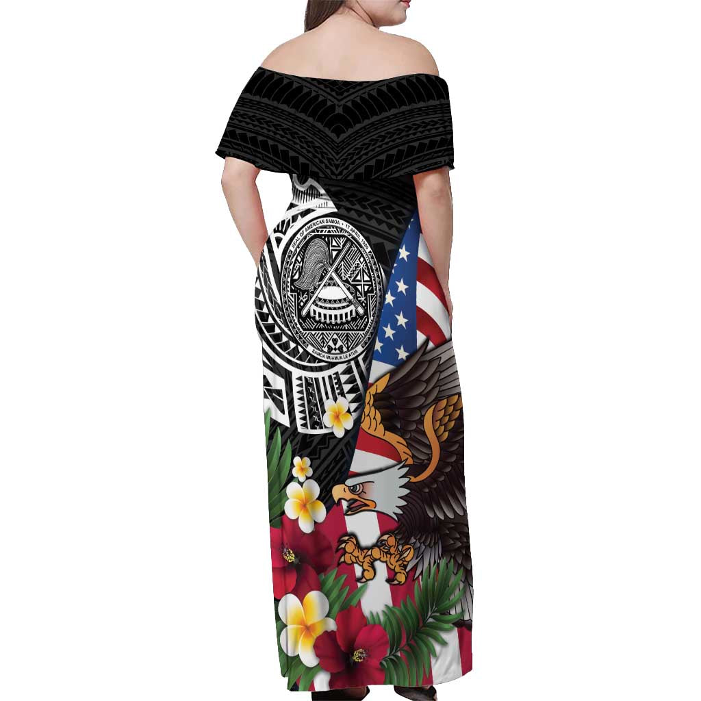 United States and American Samoa Off Shoulder Maxi Dress USA Flag Eagle With Seal Tropical Flowers LT14 - Polynesian Pride