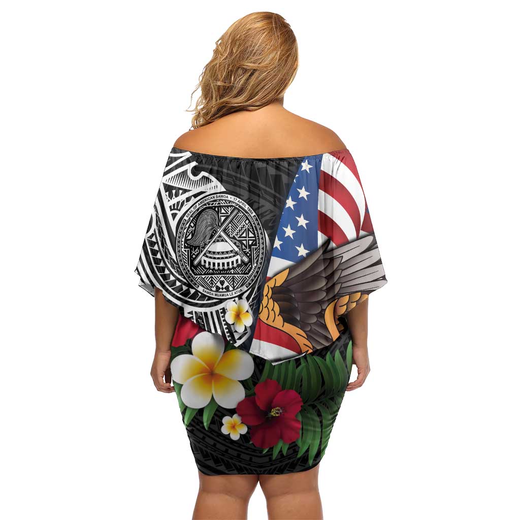 United States and American Samoa Off Shoulder Short Dress USA Flag Eagle With Seal Tropical Flowers LT14 - Polynesian Pride