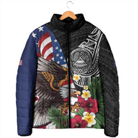 United States and American Samoa Padded Jacket USA Flag Eagle With Seal Tropical Flowers