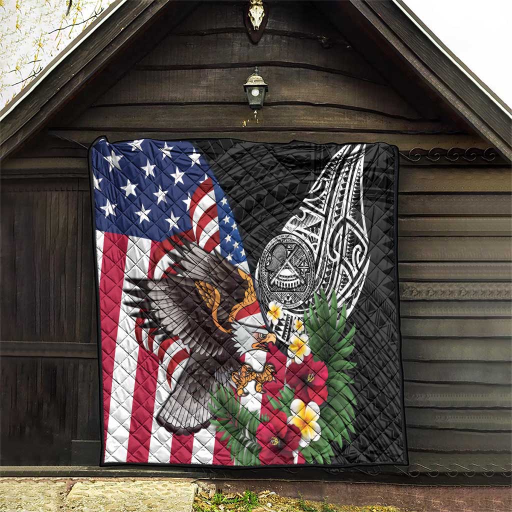United States and American Samoa Quilt USA Flag Eagle With Seal Tropical Flowers LT14 - Polynesian Pride