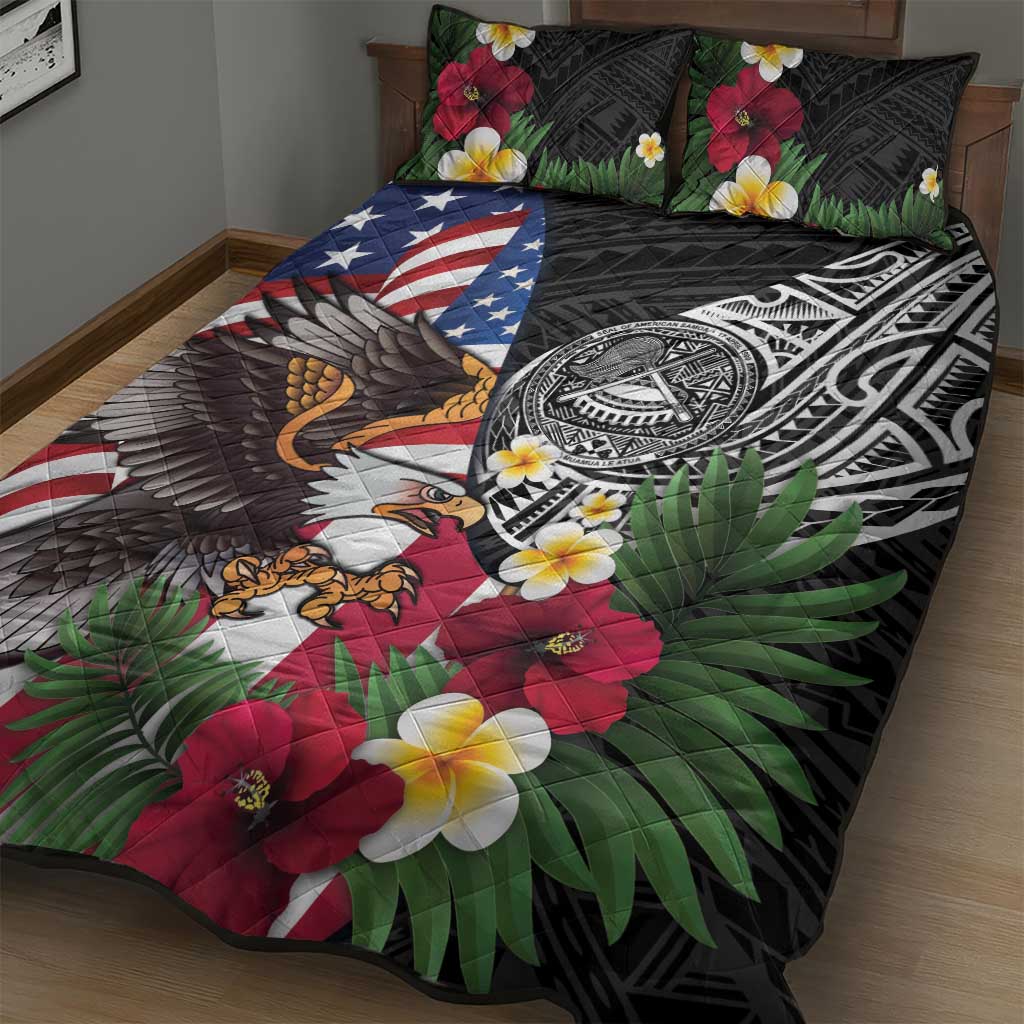 United States and American Samoa Quilt Bed Set USA Flag Eagle With Seal Tropical Flowers