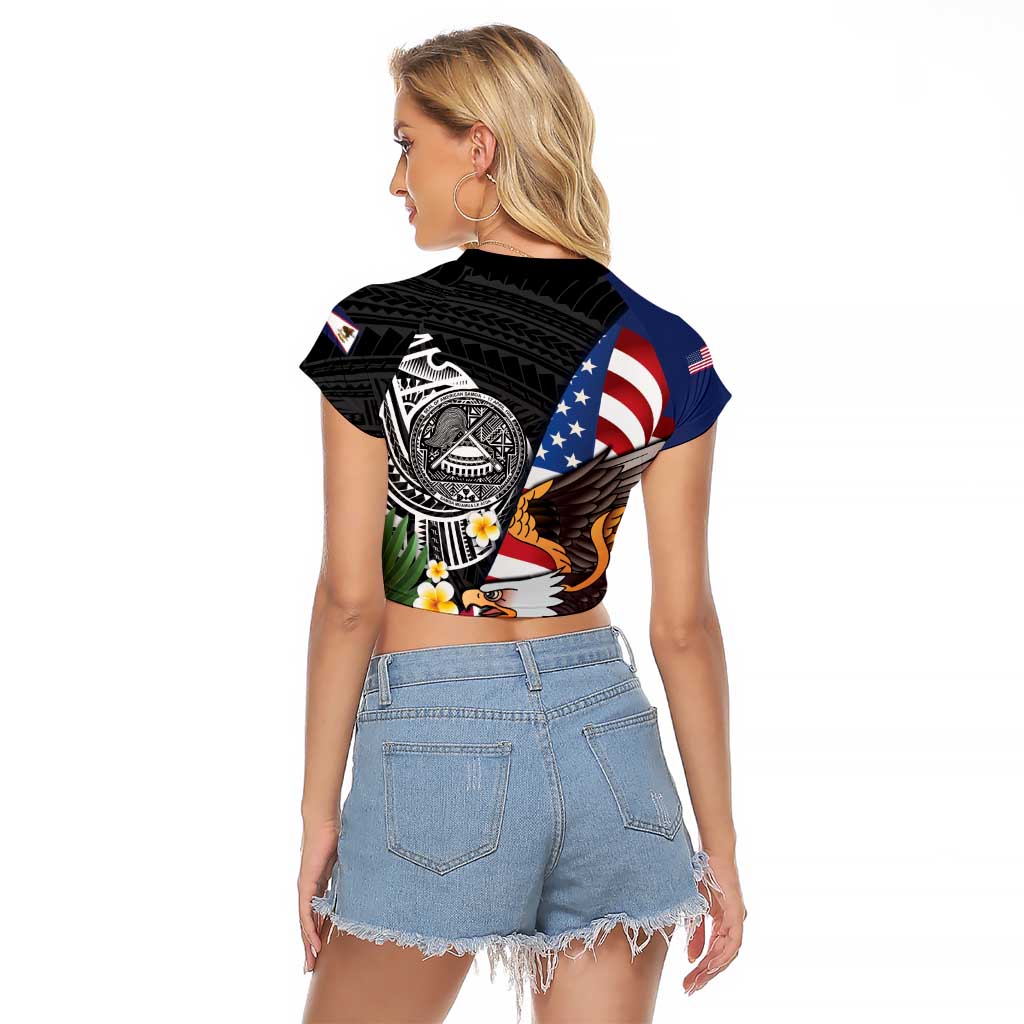 United States and American Samoa Raglan Cropped T Shirt USA Flag Eagle With Seal Tropical Flowers LT14 - Polynesian Pride