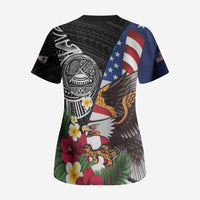 United States and American Samoa Scrub Top USA Flag Eagle With Seal Tropical Flowers