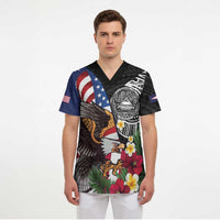 United States and American Samoa Scrub Top USA Flag Eagle With Seal Tropical Flowers
