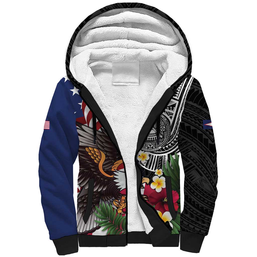 United States and American Samoa Sherpa Hoodie USA Flag Eagle With Seal Tropical Flowers