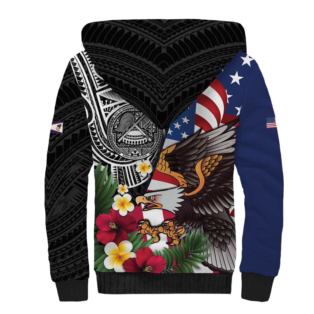 United States and American Samoa Sherpa Hoodie USA Flag Eagle With Seal Tropical Flowers