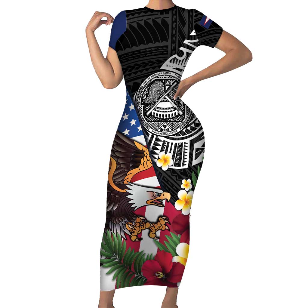 United States and American Samoa Short Sleeve Bodycon Dress USA Flag Eagle With Seal Tropical Flowers LT14 Long Dress Black - Polynesian Pride