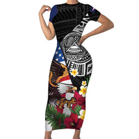 United States and American Samoa Short Sleeve Bodycon Dress USA Flag Eagle With Seal Tropical Flowers LT14 Long Dress Black - Polynesian Pride