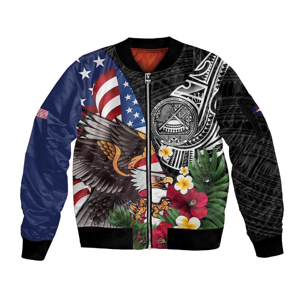 United States and American Samoa Sleeve Zip Bomber Jacket USA Flag Eagle With Seal Tropical Flowers
