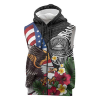 United States and American Samoa Sleeveless Zip Hoodie USA Flag Eagle With Seal Tropical Flowers LT14 Black - Polynesian Pride