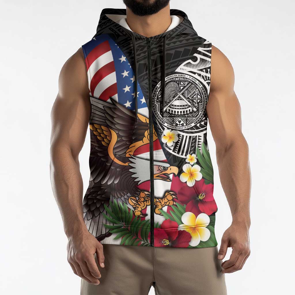 United States and American Samoa Sleeveless Zip Hoodie USA Flag Eagle With Seal Tropical Flowers LT14 - Polynesian Pride