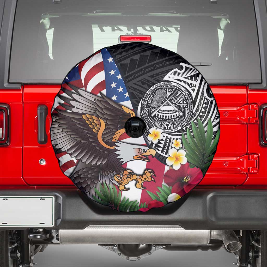 United States and American Samoa Spare Tire Cover USA Flag Eagle With Seal Tropical Flowers LT14 - Polynesian Pride