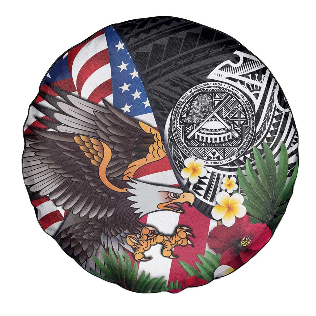 United States and American Samoa Spare Tire Cover USA Flag Eagle With Seal Tropical Flowers LT14 - Polynesian Pride