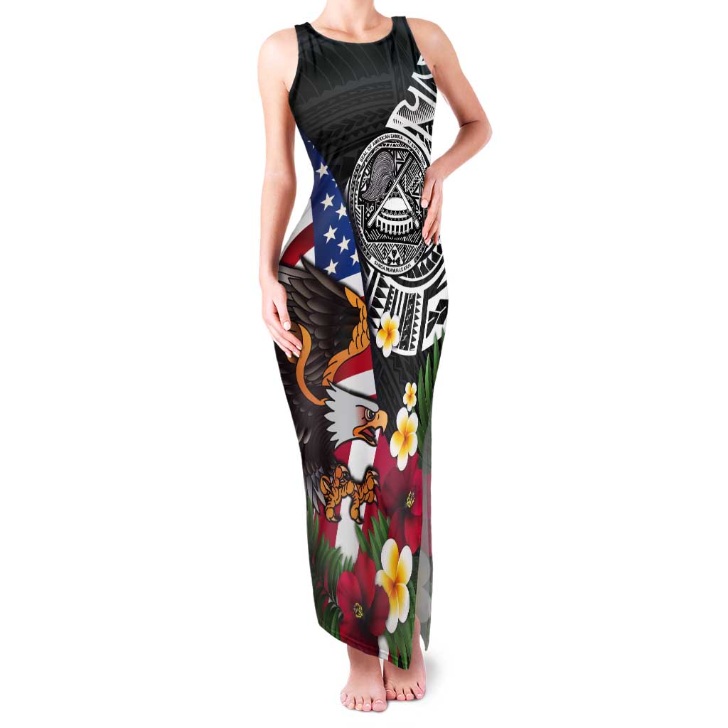 United States and American Samoa Tank Maxi Dress USA Flag Eagle With Seal Tropical Flowers LT14 Women Black - Polynesian Pride