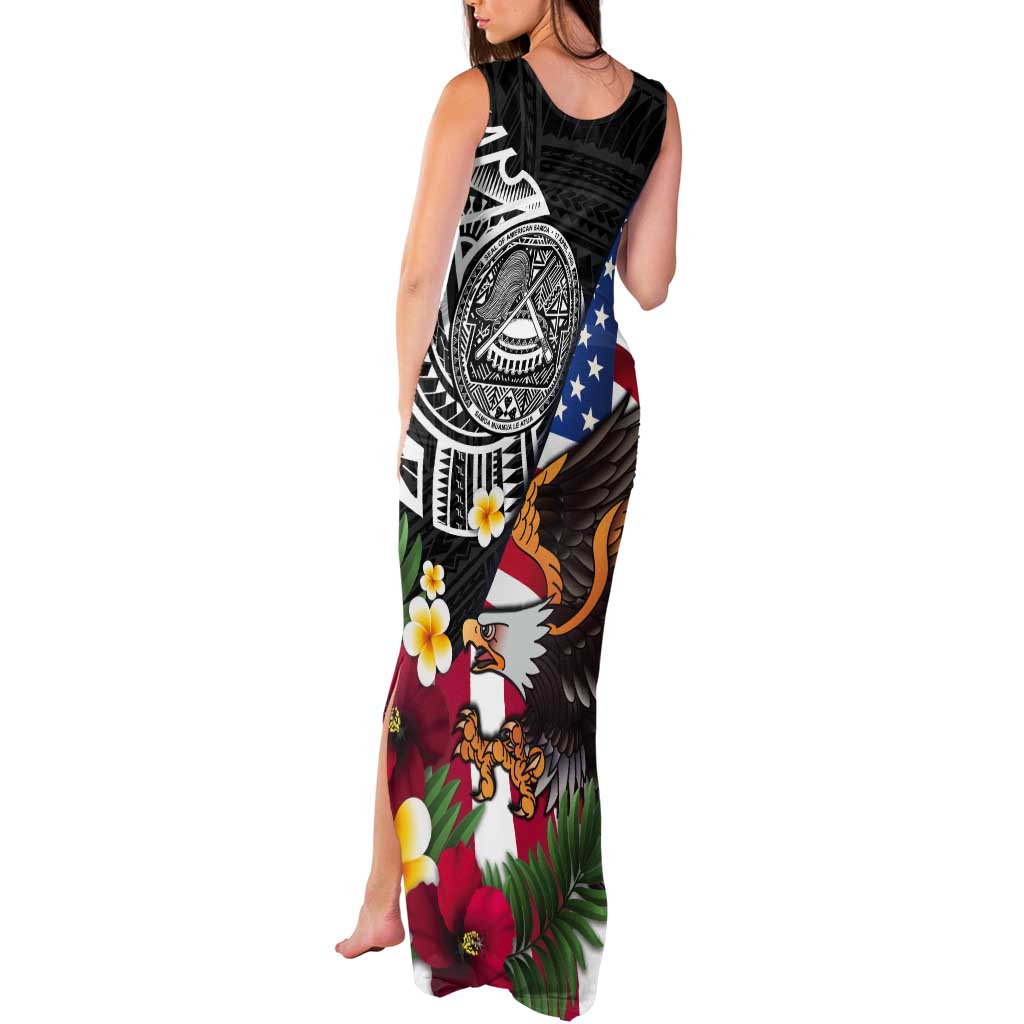 United States and American Samoa Tank Maxi Dress USA Flag Eagle With Seal Tropical Flowers LT14 - Polynesian Pride
