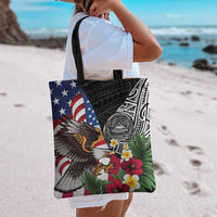 United States and American Samoa Tote Bag USA Flag Eagle With Seal Tropical Flowers