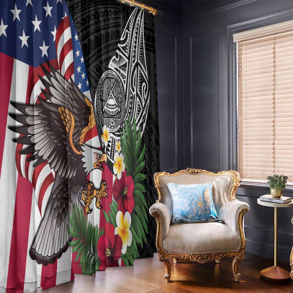 United States and American Samoa Window Curtain USA Flag Eagle With Seal Tropical Flowers