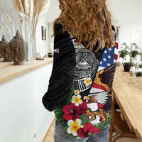 United States and American Samoa Women Casual Shirt USA Flag Eagle With Seal Tropical Flowers LT14 - Polynesian Pride