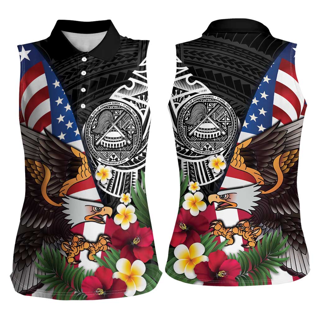 United States and American Samoa Women Sleeveless Polo Shirt USA Flag Eagle With Seal Tropical Flowers
