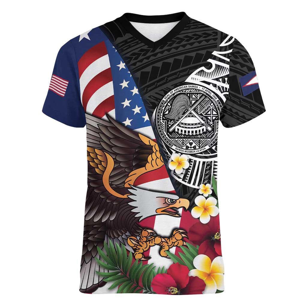 United States and American Samoa Women V-Neck T-Shirt USA Flag Eagle With Seal Tropical Flowers