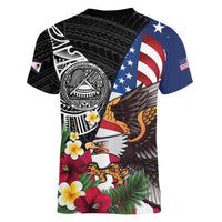 United States and American Samoa Women V-Neck T-Shirt USA Flag Eagle With Seal Tropical Flowers